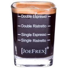 Load image into Gallery viewer, espresso or barista shot glass from Joefrex for measuring single and double shot of ristretto and espresso, lines by 0.75 1.0 1.5 and 2.0 oz